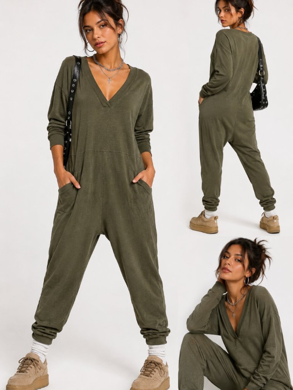 XS Natural Life Olive Green Baggy Jumpsuit Romper | Y2K Lounge Boho Harem One Pi